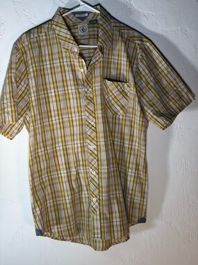 Volcom Men's Yellow and Brown Plaid Short Sleeve Button-Up Shirt
